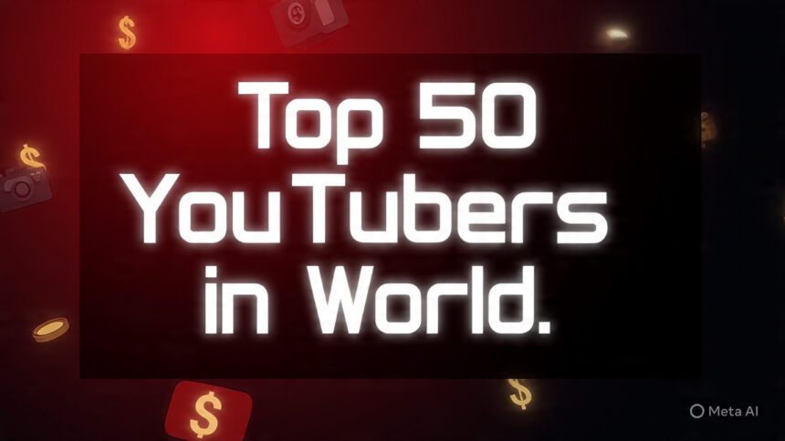 Banner showing '50 Top YouTubers in World' with a faded background of dollar signs and YouTube symbols