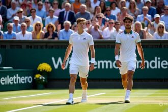 Jannik Sinner and Carlos Alcaraz shaking hands before the 2025 Wimbledon final — Sinner-Alcaraz Rivalry at its peak.