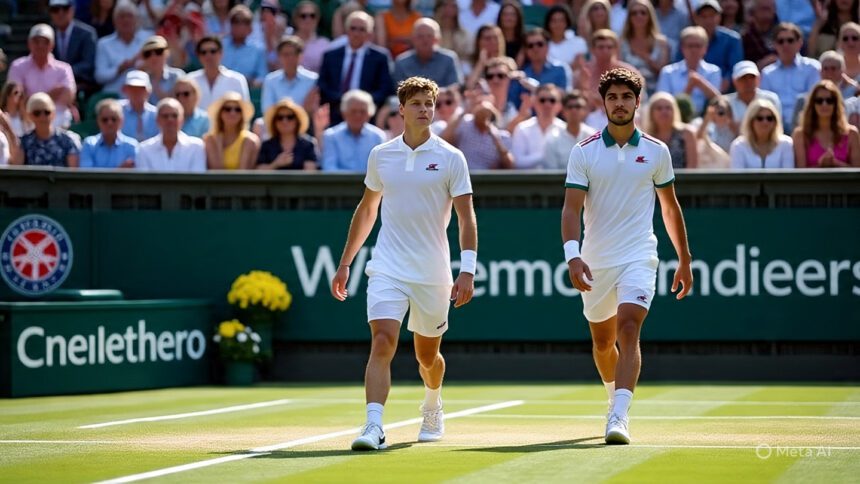 Jannik Sinner and Carlos Alcaraz shaking hands before the 2025 Wimbledon final — Sinner-Alcaraz Rivalry at its peak.